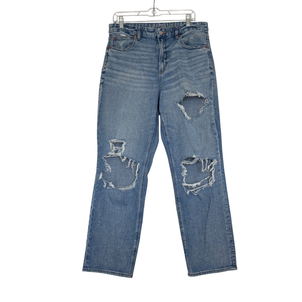 American Eagle Curvy 90s Straight Distressed Jeans Blue 12 Regular High Rise